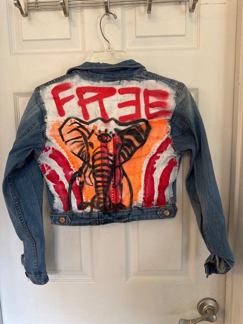 Hand-Painted Jean Jacket Elephant Evil Eye Threads X Custom Art Airbrush XS/S - Picture 2 of 5